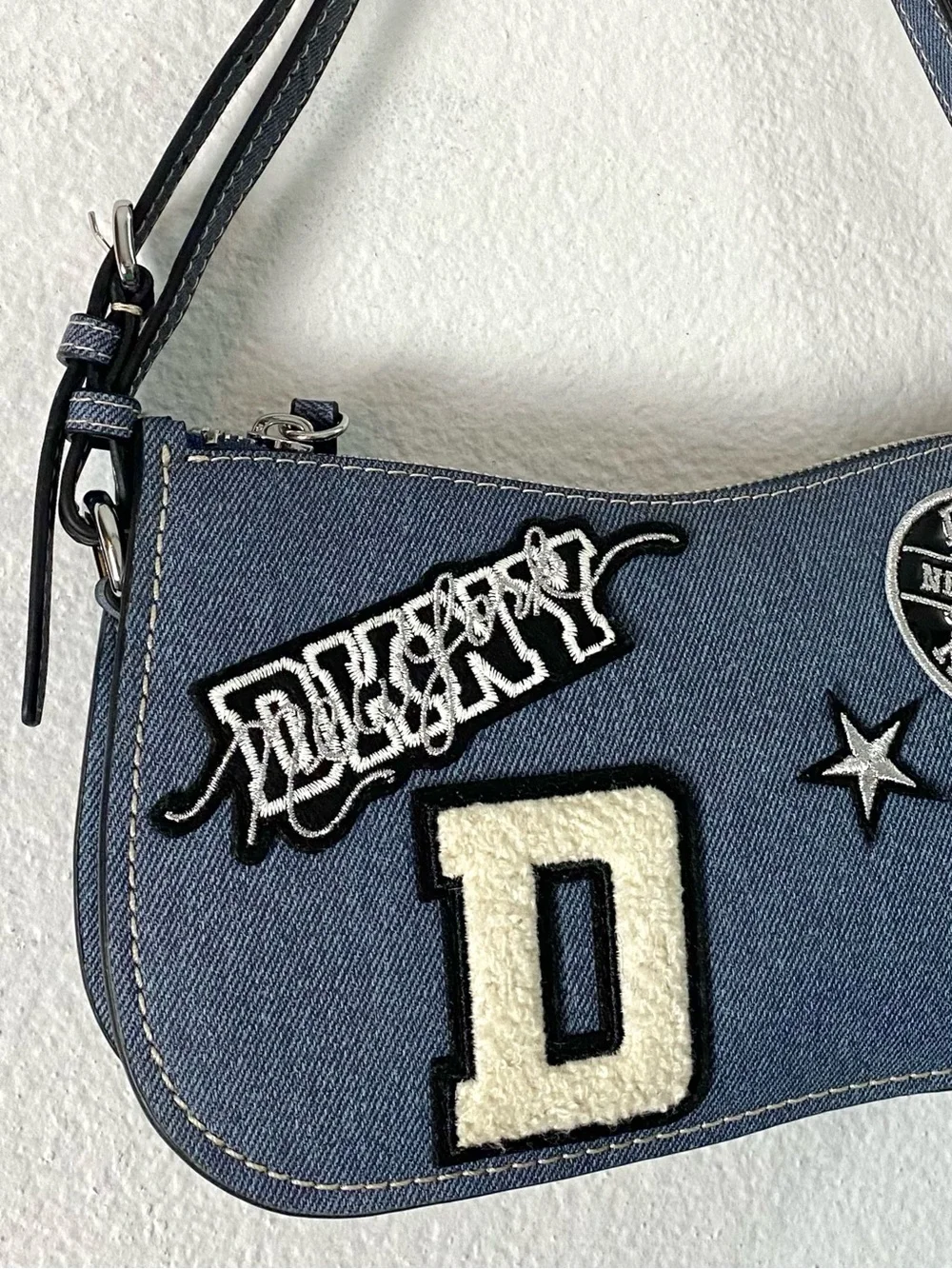 DKNY Denim Y2K Small Shoulder Bag w/ Varsity Logo Patch Like New